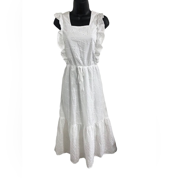 White eyelet lace tiered ruffle front tiered prairie style dress size medium new - Picture 3 of 15
